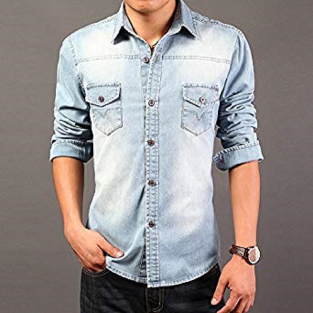 Royal Spider - Men Blue Slim Fit Solid Casual Denim Shirt.