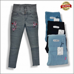 High Waist Embroidered Jeans For Women