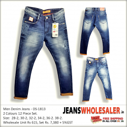 Blue Printed Denim Jeans For Men's