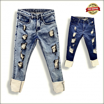 Buy Wholesale Men Blue Ripped Printed Distressed Stretchable Jeans