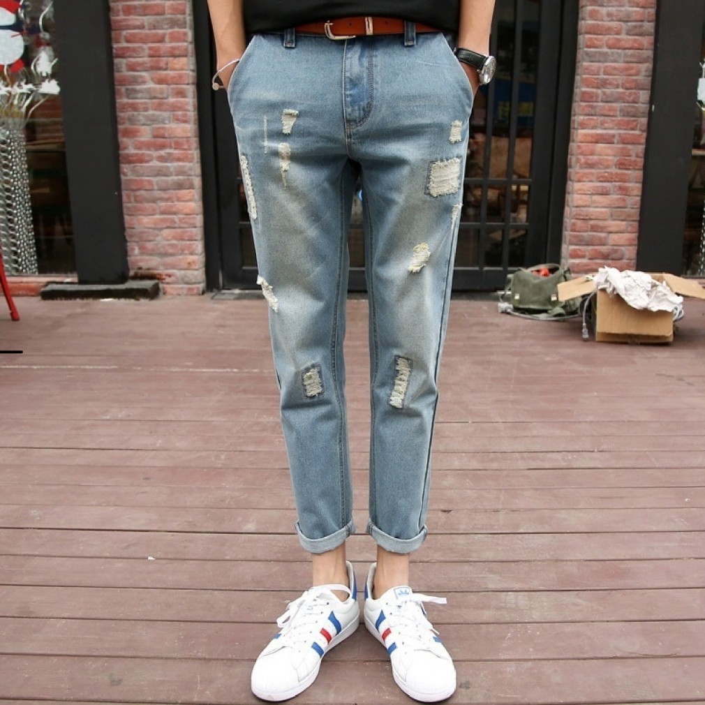 2023 New Spring And Summer Men Jeans Fashion Ripped Loose Male Ankle-Length  Pants Straight Casual Men's Denim Pants - AliExpress