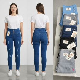 Women 4 Button Damage Jeans LB0104
